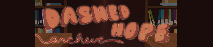 The Dashed Hope Archive logo. The words ''dashed hope'' are rusty orange bubble letters and ''archive'' is spelt in cursive with an AUX cable. The background shows shelves with books on them, and two tables.