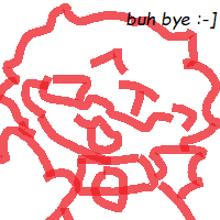 A Microsoft Paint drawing of Rumor. They wave at the viewer, saying 'buh bye'. There is a smiley face in the corner.
